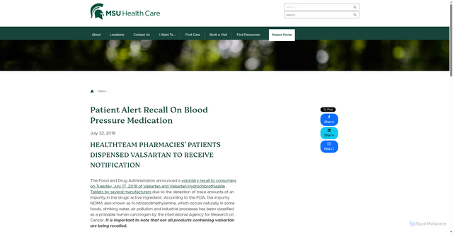 Security scan screenshot of https://healthcare.msu.edu/news/Patient%20Alert%20%20Recall%20On%20Blood%20Pressure%20Medication.html