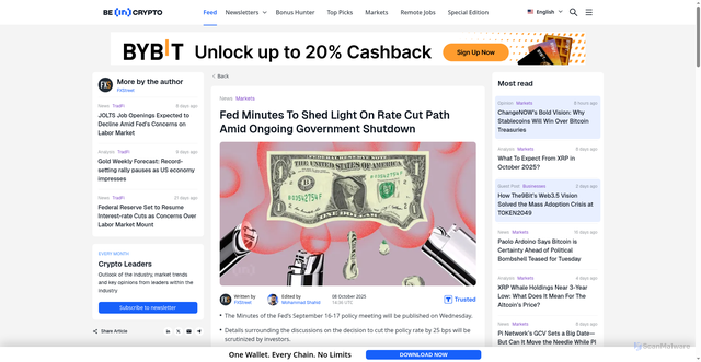 Security scan screenshot of https://beincrypto.com/fomc-minutes-fed-rate-cut-outlook-us-government-shutdown/