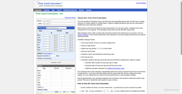 Security scan screenshot of https://timecardcalculator.net