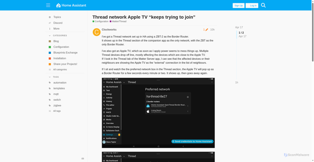 Security scan screenshot of https://community.home-assistant.io/t/thread-network-apple-tv-keeps-trying-to-join/1005048