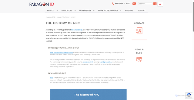 Security scan screenshot of https://www.paragon-rfid.com/en/the-history-of-nfc/