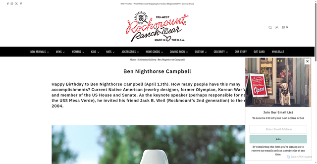 Security scan screenshot of https://rockmount.com/blogs/celebrity-gallery/ben-nighthorse-campbell?srsltid=AfmBOorOihsk_p3VLgL6HM865zkA7asG7vfJot6Vzj92hKLfy5pMu2wJ