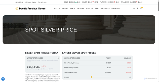 Security scan screenshot of https://www.pacificpreciousmetals.com/spot-silver-price