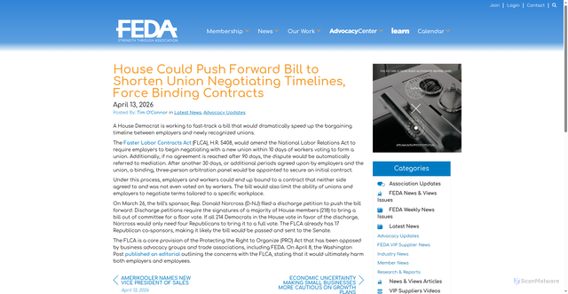 Security scan screenshot of https://www.feda.com/news/house-could-push-forward-bill-to-shorten-union-negotiating-timelines-force-binding-contracts