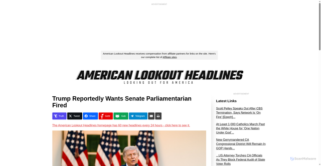 Security scan screenshot of https://headlines.americanlookout.com/trump-reportedly-wants-senate-parliamentarian-fired/
