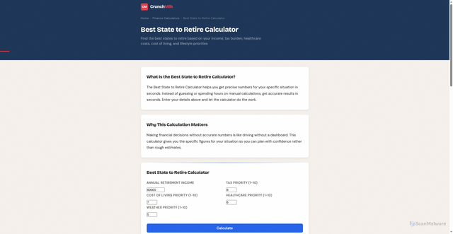 Security scan screenshot of https://crunchmilk.pages.dev/best-state-to-retire-calculator/