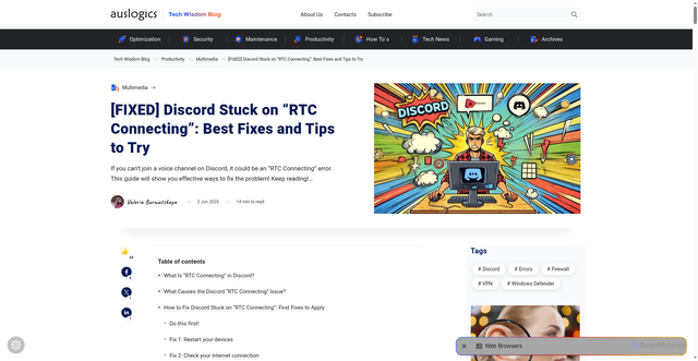 Security scan screenshot of https://www.auslogics.com/en/articles/fix-discord-stuck-on-rtc-connecting/
