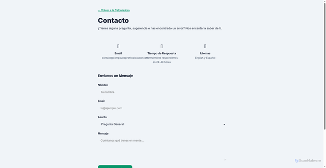 Security scan screenshot of http://compoundprofitcalculator.com/es/contacto/