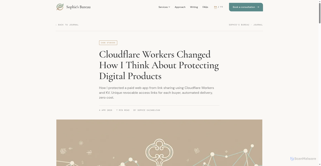 Security scan screenshot of https://sophiesbureau.pages.dev/digital-ops/cloudflare-workers-protect-digital-products-free