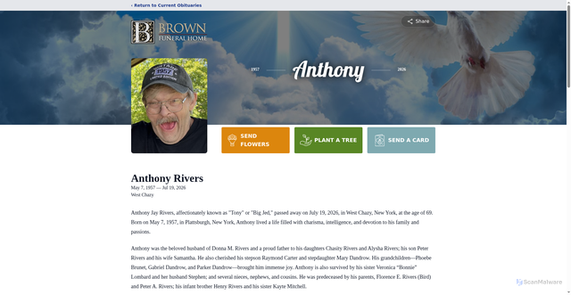 Security scan screenshot of https://www.brownfuneralhomeny.com/obituaries/anthony-rivers