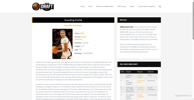 Security scan screenshot of https://wnbadraft.net/players/kamilla-cardoso/
