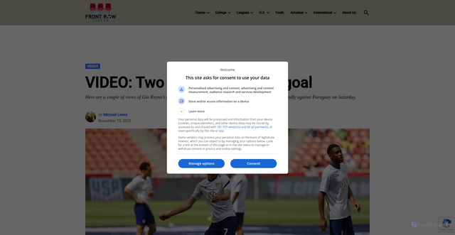 Security scan screenshot of https://www.frontrowsoccer.com/2025/11/15/video-two-views-of-reynas-goal/