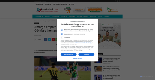 Security scan screenshot of https://www.hondudiario.com/2025/10/15/amargo-empate-en-el-derbi-sampedrano-0-0-marathon-ante-real-espana/
