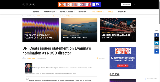 Security scan screenshot of https://intelligencecommunitynews.com/dni-coats-issues-statement-on-evaninas-nomination-as-ncsc-director/