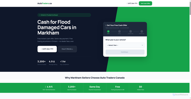 Security scan screenshot of https://auto-traders.pages.dev/sell-flood-damaged-markham-cash/