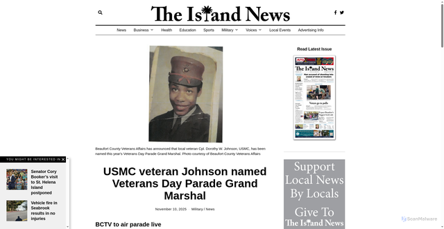 Security scan screenshot of https://yourislandnews.com/usmc-veteran-johnson-named-veterans-day-parade-grand-marshal/