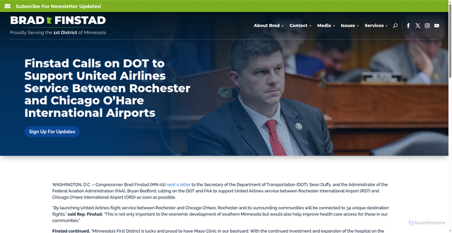 Security scan screenshot of https://finstad.house.gov/2026/05/12/finstad-calls-on-dot-to-support-united-airlines-service-between-rochester-and-chicago-ohare-international-airports/
