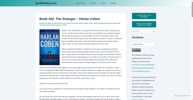 Security scan screenshot of https://geoffwhaley.com/2016/03/24/the-stranger-harlan-coben/