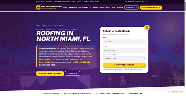 Security scan screenshot of https://miamiroofingflorida.com/roofing-north-miami/