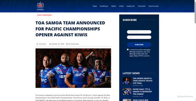 Security scan screenshot of https://toasamoarl.com/toa-samoa-team-announced-for-pacific-championships-opener-against-kiwis/