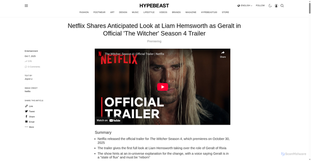 Security scan screenshot of https://hypebeast.com/2025/10/netflix-the-witcher-season-4-liam-hemsworth-official-trailer-release-info