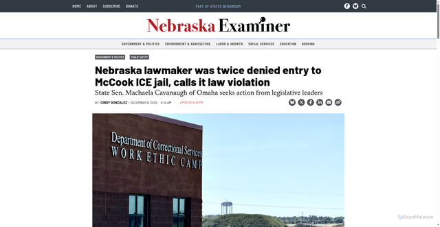 Security scan screenshot of https://nebraskaexaminer.com/2025/12/08/nebraska-lawmaker-was-twice-denied-entry-to-mccook-ice-jail-calls-it-law-violation/