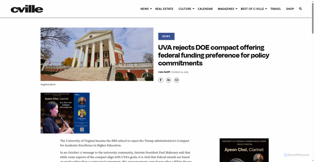 Security scan screenshot of https://c-ville.com/uva-rejects-doe-compact-offering-federal-funding-preference-for-policy-commitments/