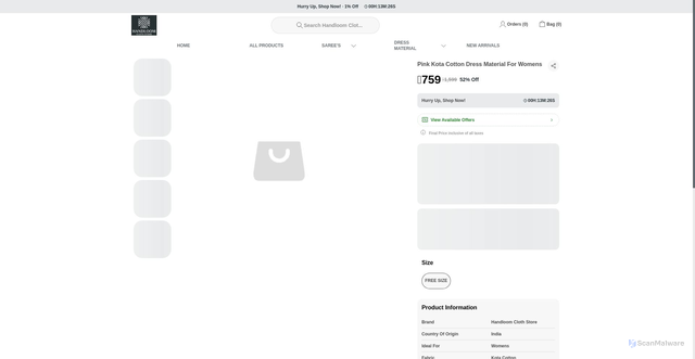 Security scan screenshot of https://handloomclothstore.com/Pink-Kota-Cotton-Dress-Material-For-Womens/catalogue/05NeP5Il/1CtU_VP5
