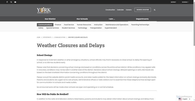 Security scan screenshot of https://www.york.k12.sc.us/departments/communications/weather-closures-and-delays