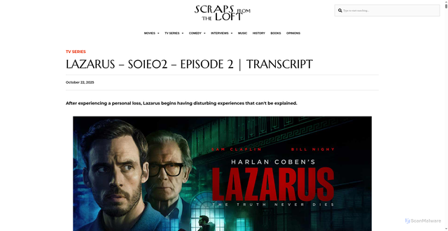 Security scan screenshot of https://scrapsfromtheloft.com/tv-series/lazarus-s01e02-episode-2-transcript/