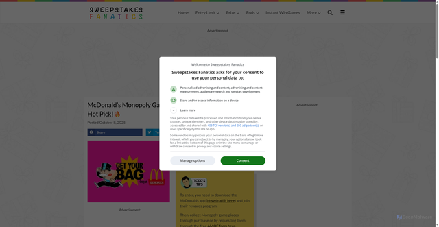 Security scan screenshot of https://sweepstakesfanatics.com/mcdonalds-monopoly-game-sweepstakes-instant-win-hot-pick/