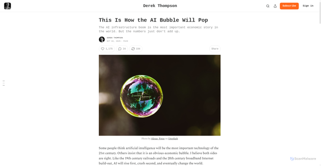 Security scan screenshot of https://www.derekthompson.org/p/this-is-how-the-ai-bubble-will-pop