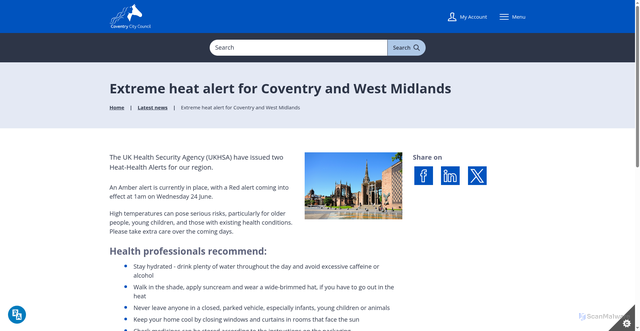 Security scan screenshot of https://www.coventry.gov.uk/news/article/5522/extreme-heat-alert-for-coventry-and-west-midlands