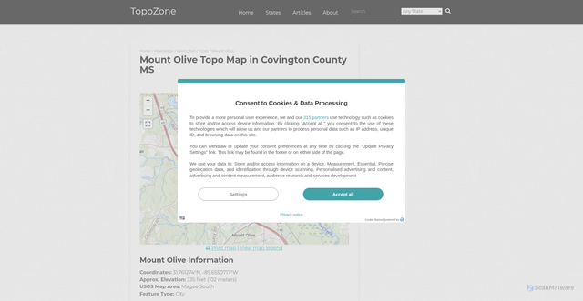 Security scan screenshot of https://www.topozone.com/mississippi/covington-ms/city/mount-olive-31/