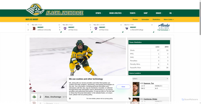 Security scan screenshot of https://goseawolves.com/news/2025/11/19/mens-ice-hockey-spencer-contreras-score-in-loss-at-brown.aspx