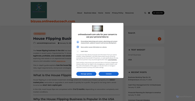 Security scan screenshot of https://bizusa.onlineeducoach.com/house-flipping-business-in-the-usa/