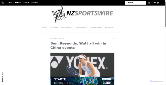 Security scan screenshot of https://www.nzsportswire.com/post/sun-reynolds-watt-all-win-in-china-events