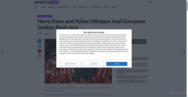 Security scan screenshot of https://sportsview.co.uk/2026/02/harry-kane-and-kylian-mbappe-lead-european-golden-boot-race