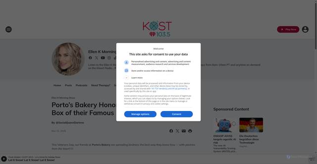 Security scan screenshot of https://kost1035.iheart.com/featured/ellen-k/content/2025-11-11-portos-bakery-honors-veterans-with-a-free-box-of-their-famous-pastries/