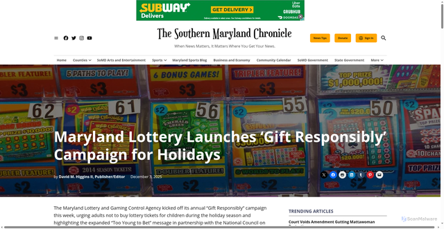 Security scan screenshot of https://southernmarylandchronicle.com/2025/12/03/maryland-lottery-launches-gift-responsibly-campaign-for-holidays/