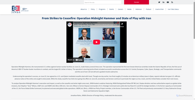 Security scan screenshot of https://jinsa.org/jinsa_event/from-strikes-to-ceasefire-operation-midnight-hammer-and-state-of-play-with-iran/