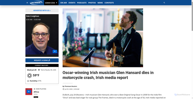 Security scan screenshot of https://1027wbow.com/2026/07/29/oscar-winning-irish-musician-glen-hansard-dies-in-motorcycle-crash-irish-media-report/