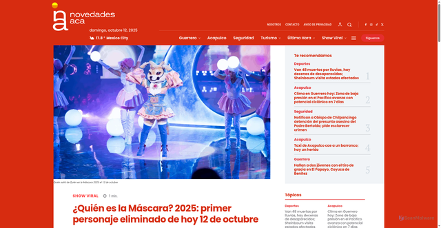 Security scan screenshot of https://novedadesaca.com/2025/10/12/quien-es-la-mascara-2025-primer-personaje-eliminado-de-hoy-12-de-octubre/