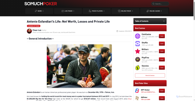 Security scan screenshot of https://somuchpoker.com/news/antonio-esfandiaris-life-net-worth-losses-and-private-life