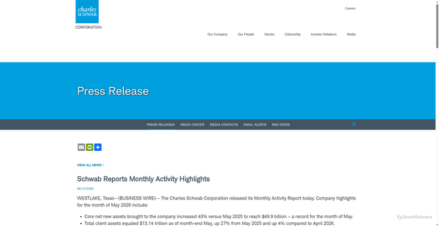 Security scan screenshot of https://pressroom.aboutschwab.com/press-releases/press-release/2026/Schwab-Reports-Monthly-Activity-Highlights-bd2541dce/default.aspx