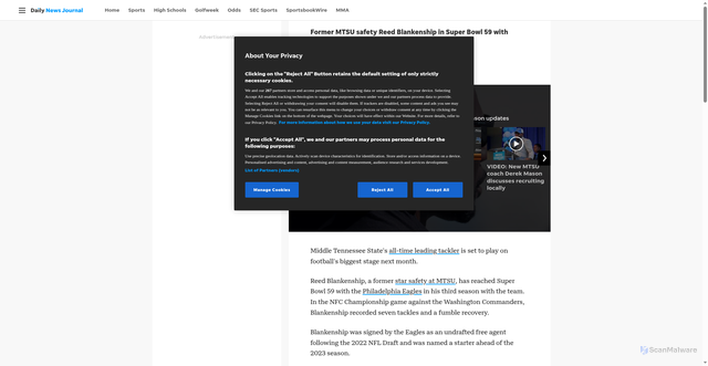 Security scan screenshot of https://www.dnj.com/story/sports/college/mtsu/2025/01/27/reed-blankenship-philadelphia-eagles-super-bowl-59-middle-tennessee-state/77970651007/