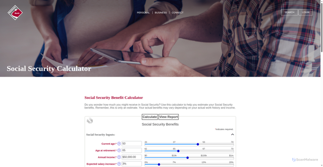 Security scan screenshot of https://chemlic-core.com/calculator/social-security.html