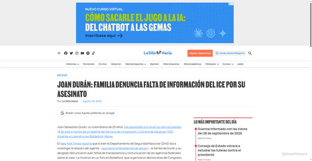Security scan screenshot of https://www.lasillavacia.com/en-vivo/joan-duran-familia-denuncia-falta-de-informacion-del-ice-por-su-asesinato/