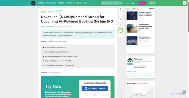 Security scan screenshot of https://www.smartkarma.com/insights/navan-inc-navn-demand-strong-for-upcoming-ai-powered-booking-system-ipo