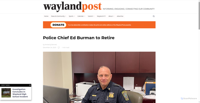 Security scan screenshot of https://www.waylandpost.org/news/police-chief-ed-burman-to-retire/